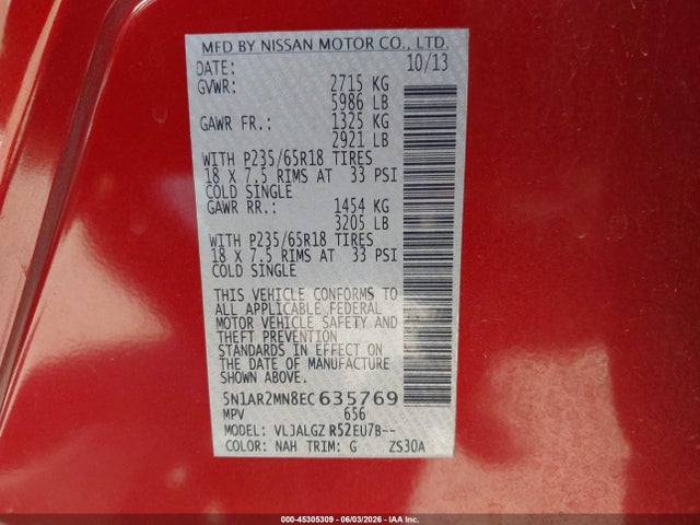 Aukcja sprzedaży 2014 Nissan Pathfinder Sl, vin: 5N1AR2MN8EC635769, numer aukcji: 45305309