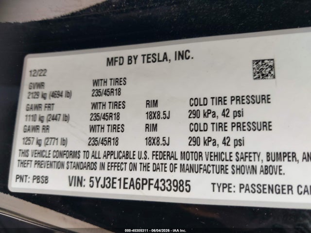 Aukcja sprzedaży 2023 Tesla Model 3 Rear-wheel Drive, vin: 5YJ3E1EA6PF433985, numer aukcji: 45305311