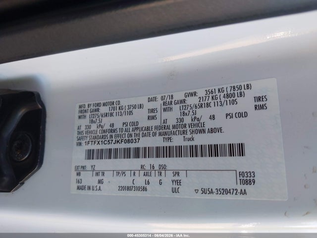 45305314 :رقم المزاد ، 1FTFX1C57JKF08037 vin ، 2018 Ford F-150 Xlt مزاد بيع