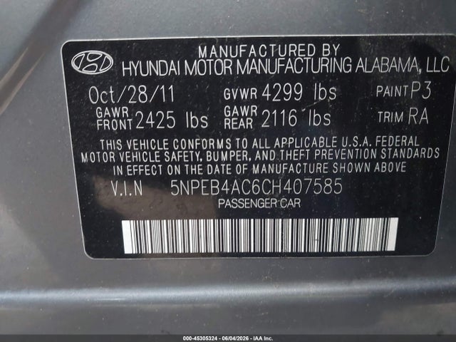 Продаж на аукціоні авто 2012 Hyundai Sonata Gls, vin: 5NPEB4AC6CH407585, номер лоту: 45305324