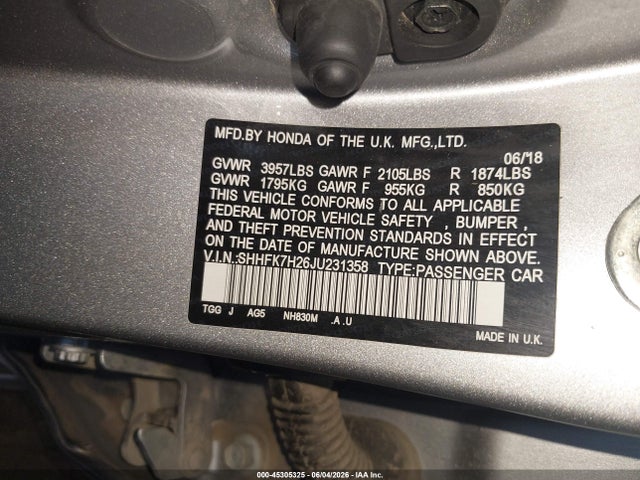 Aukcja sprzedaży 2018 Honda Civic Lx, vin: SHHFK7H26JU231358, numer aukcji: 45305325