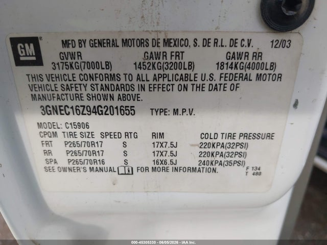 Aukcja sprzedaży 2004 Chevrolet Suburban 1500 Lt, vin: 3GNEC16Z94G201655, numer aukcji: 45305330