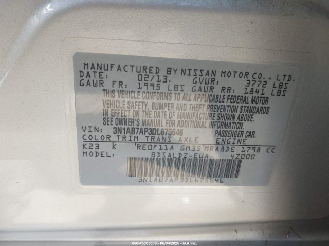 Продажа на аукционе авто 2013 Nissan Sentra Sv, vin: 3N1AB7AP3DL675646, номер лота: 45305336