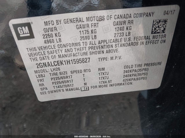 Продажа на аукционе авто 2017 Chevrolet Equinox Lt, vin: 2GNALCEK1H1595827, номер лота: 45305348