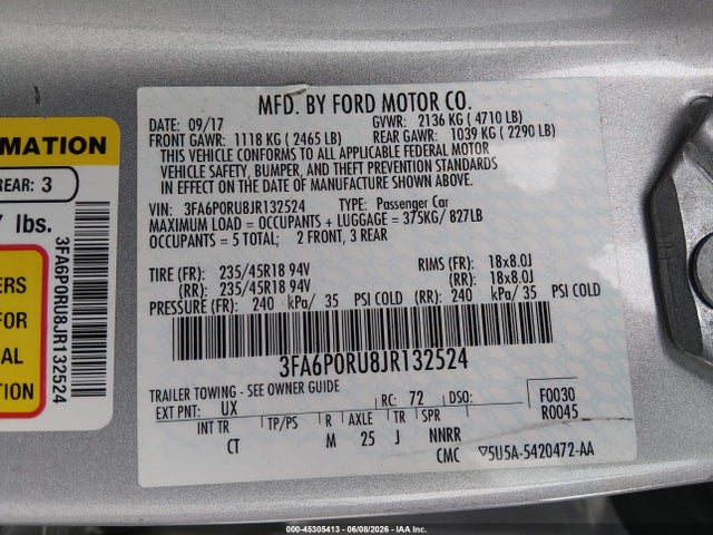 Продаж на аукціоні авто 2018 Ford Fusion Hybrid Titanium, vin: 3FA6P0RU8JR132524, номер лоту: 45305413