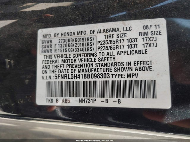 Продаж на аукціоні авто 2011 Honda Odyssey Ex, vin: 5FNRL5H41BB098303, номер лоту: 45305420