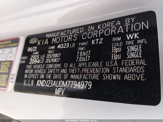 45305429 :رقم المزاد ، KNDJ23AU0M7794979 vin ، 2021 Kia Soul S مزاد بيع