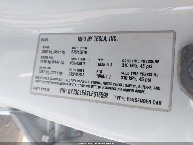 45305481 :رقم المزاد ، 5YJ3E1EA7LF615592 vin ، 2020 Tesla Model 3 مزاد بيع