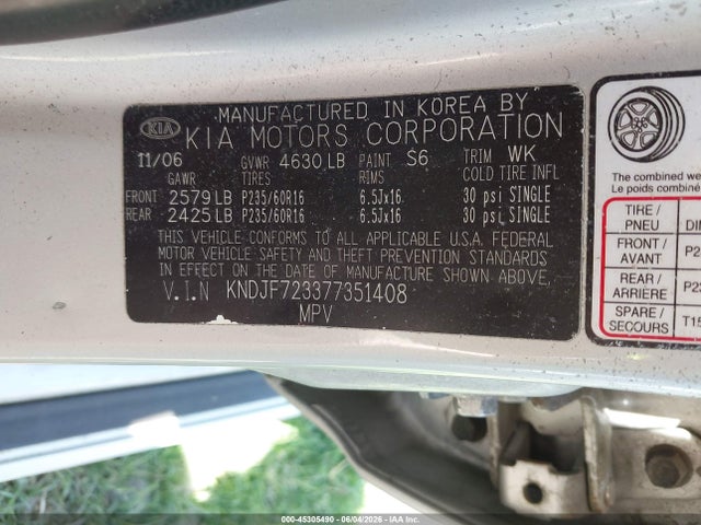 45305490 :رقم المزاد ، KNDJF723377351408 vin ، 2007 Kia Sportage Lx V6 مزاد بيع