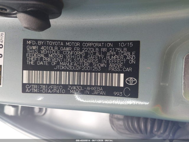 Toyota Prius Two 2015 JTDKN3DU2F2001253 Image 9
