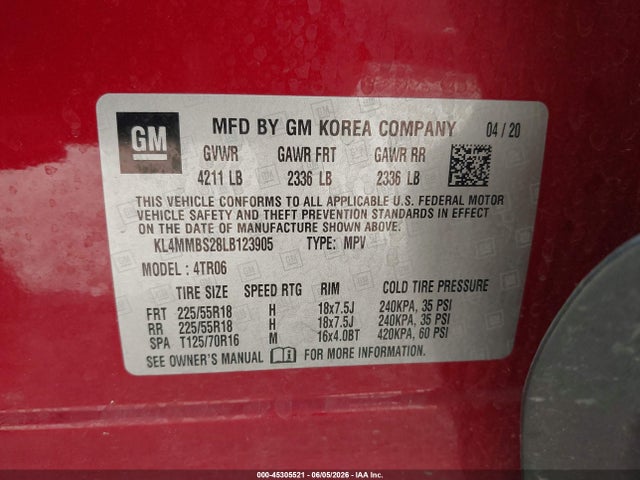 Auction sale of the 2020 Buick Encore Gx Fwd Preferred, vin: KL4MMBS28LB123905, lot number: 45305521