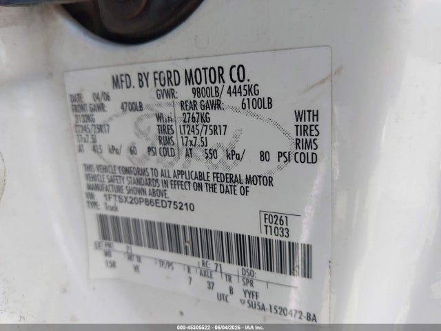 Aukcja sprzedaży 2006 Ford F-250 Lariat/xl/xlt, vin: 1FTSX20P86ED75210, numer aukcji: 45305522