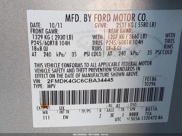 45305532 :رقم المزاد ، 2FMDK4GC6CBA34445 vin ، 2012 Ford Edge Se مزاد بيع