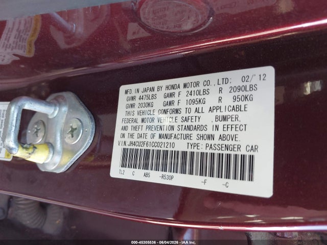 Aukcja sprzedaży 2012 Acura Tsx 2.4, vin: JH4CU2F61CC021210, numer aukcji: 45305536