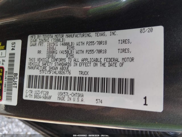 Toyota Tundra Sr5 2020 5TFCY5F14LX026776 Image 9