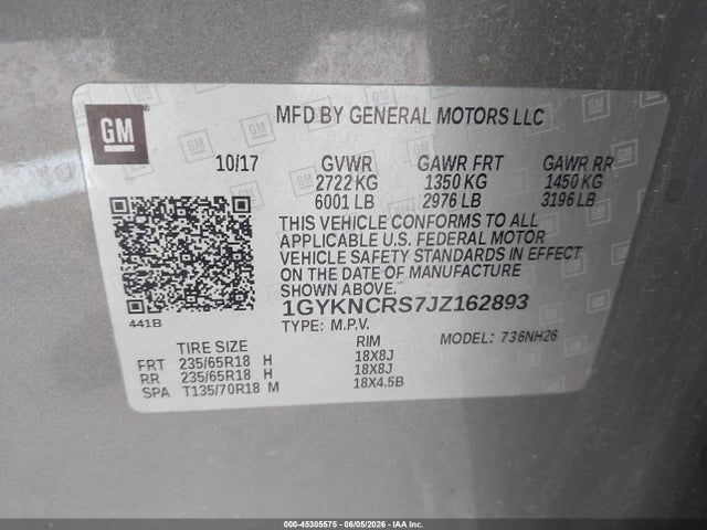 2018 Cadillac Xt5 Luxury მანქანა იყიდება აუქციონზე, vin: 1GYKNCRS7JZ162893, აუქციონის ნომერი: 45305575