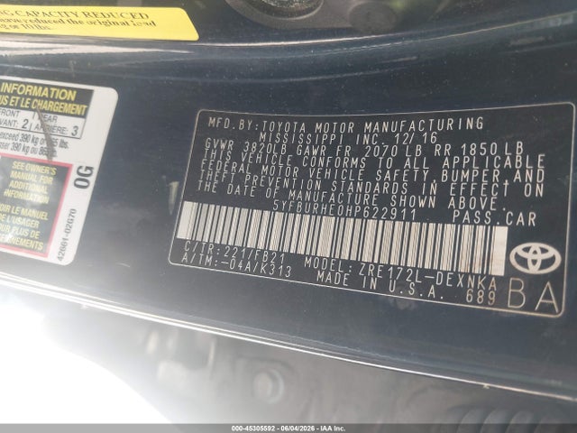 Продаж на аукціоні авто 2017 Toyota Corolla Le, vin: 5YFBURHE0HP622911, номер лоту: 45305592