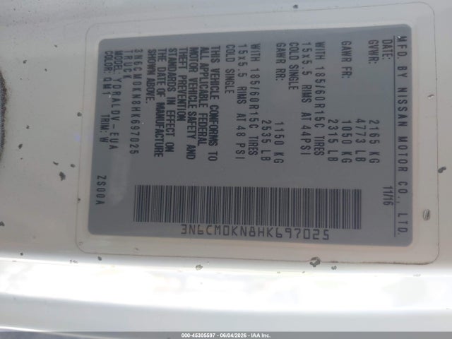 Aukcja sprzedaży 2017 Nissan Nv200 S, vin: 3N6CM0KN8HK697025, numer aukcji: 45305597