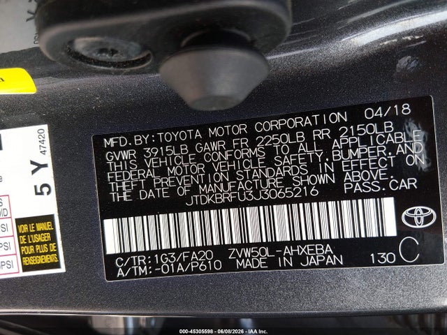 JTDKBRFU3J3065216 Toyota Prius Two