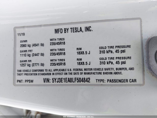 Продажа на аукционе авто 2020 Tesla Model 3 Standard Range Plus Rear-wheel Drive/standard Range Rear-wheel Drive, vin: 5YJ3E1EA8LF504842, номер лота: 45305602