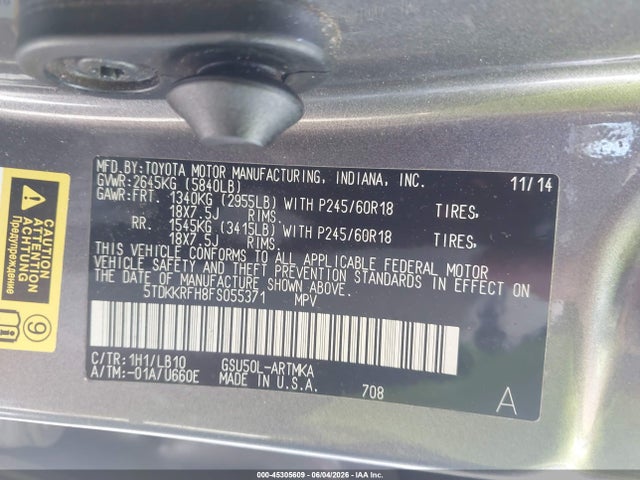 Aukcja sprzedaży 2015 Toyota Highlander Xle V6, vin: 5TDKKRFH8FS055371, numer aukcji: 45305609
