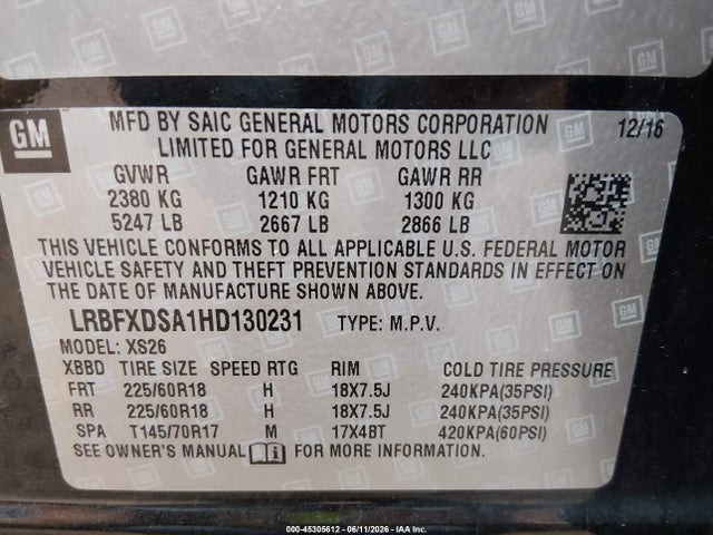 2017 Buick Envision Essence მანქანა იყიდება აუქციონზე, vin: LRBFXDSA1HD130231, აუქციონის ნომერი: 45305612
