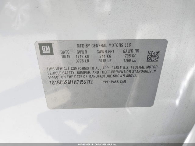 Продажа на аукционе авто 2017 Chevrolet Cruze Ls Auto, vin: 1G1BC5SM1H7153172, номер лота: 45305614