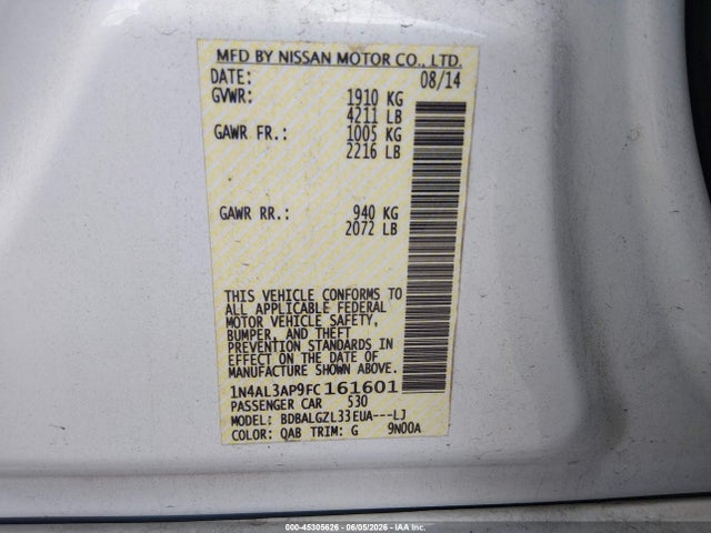 45305626 :رقم المزاد ، 1N4AL3AP9FC161601 vin ، 2015 Nissan Altima 2.5 S مزاد بيع