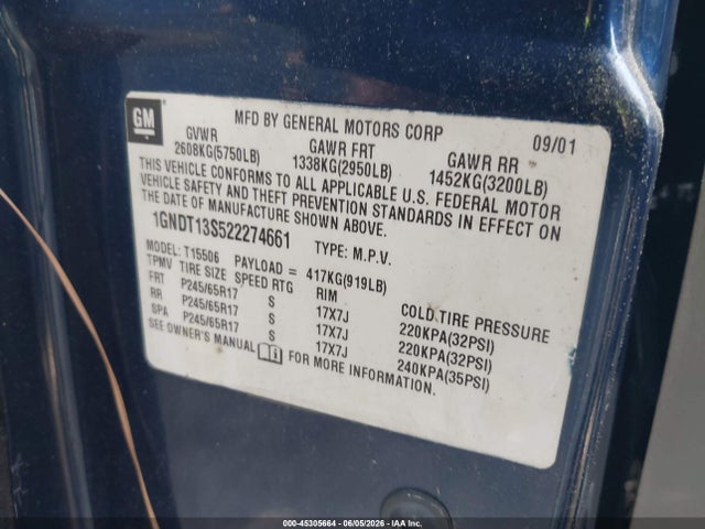 2002 Chevrolet Trailblazer Ltz მანქანა იყიდება აუქციონზე, vin: 1GNDT13S522274661, აუქციონის ნომერი: 45305664