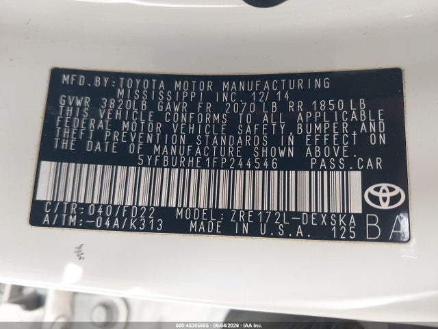 5YFBURHE1FP244546 Toyota Corolla S Plus