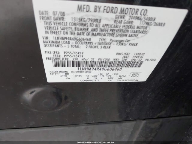 2009 Lincoln Mks მანქანა იყიდება აუქციონზე, vin: 1LNHM94R49G606468, აუქციონის ნომერი: 45305686