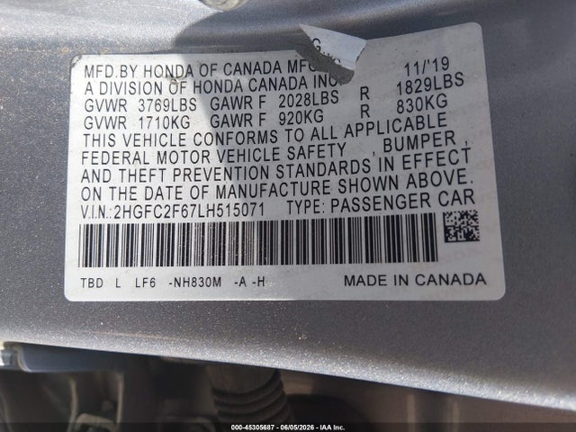 45305687 :رقم المزاد ، 2HGFC2F67LH515071 vin ، 2020 Honda Civic Lx مزاد بيع