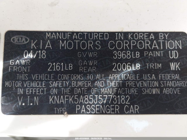 45305688 :رقم المزاد ، KNAFK5A85J5773182 vin ، 2018 Kia Forte Lx مزاد بيع