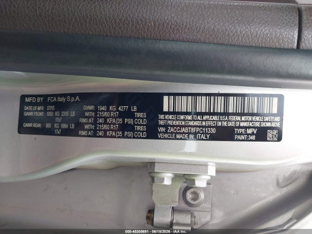 2015 Jeep Renegade Latitude მანქანა იყიდება აუქციონზე, vin: ZACCJABT8FPC11330, აუქციონის ნომერი: 45305691