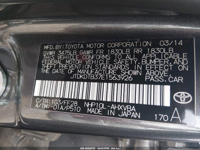 Aukcja sprzedaży 2014 Toyota Prius C Two, vin: JTDKDTB37E1563926, numer aukcji: 45305702