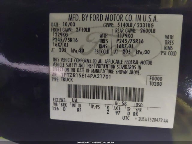 Aukcja sprzedaży 2004 Ford Ranger Xlt, vin: 1FTZR15E14PA31701, numer aukcji: 45305707