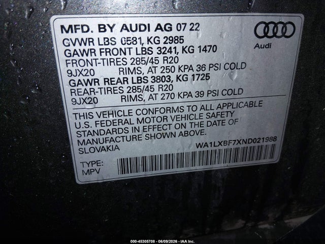 2022 Audi Q7 Premium Plus 55 Tfsi Quattro Tiptronic მანქანა იყიდება აუქციონზე, vin: WA1LXBF7XND021988, აუქციონის ნომერი: 45305708