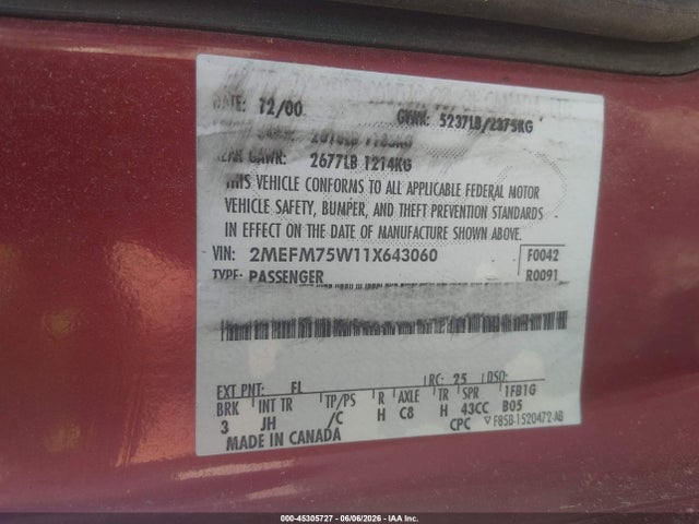 45305727 :رقم المزاد ، 2MEFM75W11X643060 vin ، 2001 Mercury Grand Marquis Ls مزاد بيع