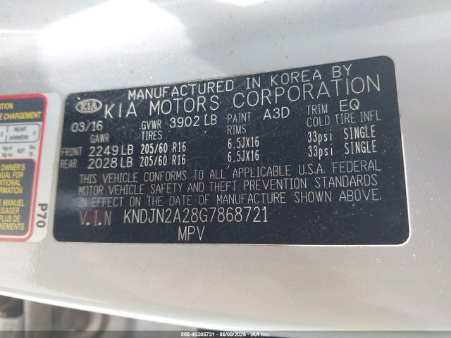 45305731 :رقم المزاد ، KNDJN2A28G7868721 vin ، 2016 Kia Soul مزاد بيع