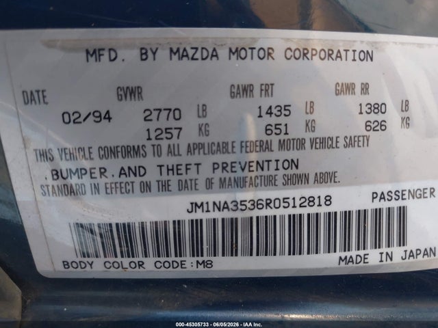 1994 Mazda Mx-5 Miata მანქანა იყიდება აუქციონზე, vin: JM1NA3536R0512818, აუქციონის ნომერი: 45305733