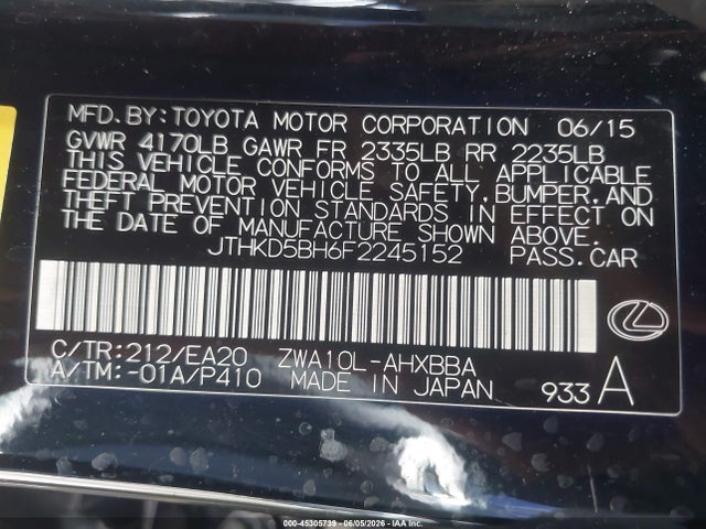 45305739 :رقم المزاد ، JTHKD5BH6F2245152 vin ، 2015 Lexus Ct 200h مزاد بيع