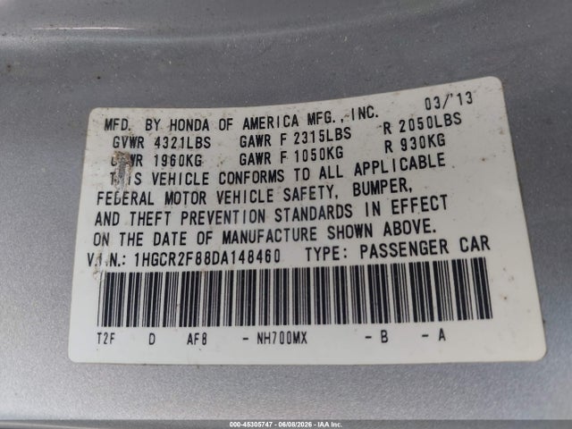 Aukcja sprzedaży 2013 Honda Accord Ex-l, vin: 1HGCR2F88DA148460, numer aukcji: 45305747