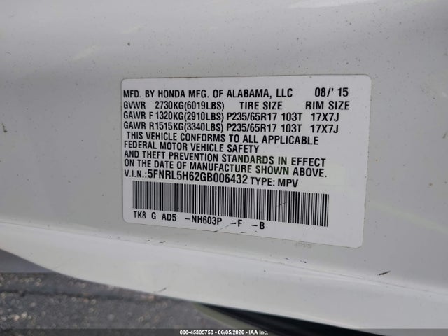 Продажа на аукционе авто 2016 Honda Odyssey Ex-l, vin: 5FNRL5H62GB006432, номер лота: 45305750