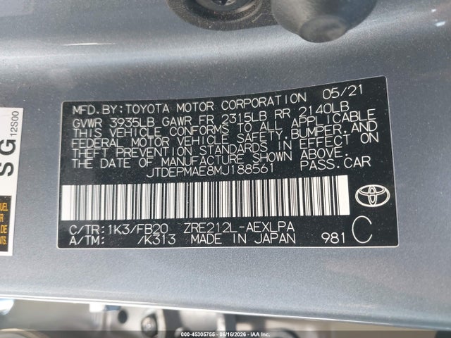 45305755 :رقم المزاد ، JTDEPMAE8MJ188561 vin ، 2021 Toyota Corolla Le مزاد بيع