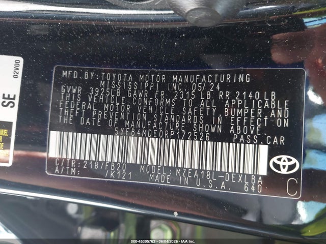 45305762 :رقم المزاد ، 5YFB4MDE0RP172526 vin ، 2024 Toyota Corolla Le مزاد بيع