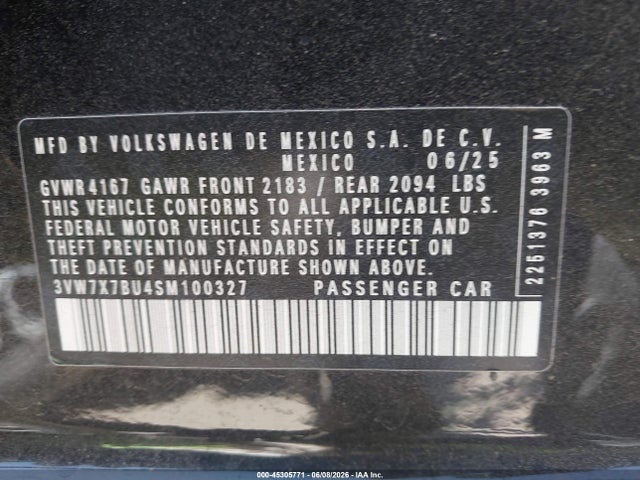 Aukcja sprzedaży 2025 Volkswagen Jetta 1.5t Se, vin: 3VW7X7BU4SM100327, numer aukcji: 45305771