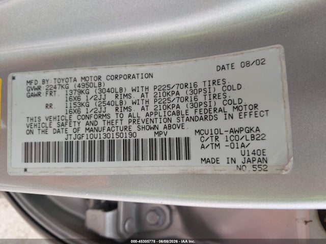 45305778 :رقم المزاد ، JTJGF10U130150190 vin ، 2003 Lexus Rx 300 مزاد بيع