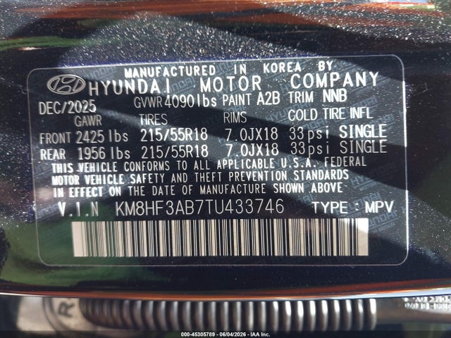 Продаж на аукціоні авто 2026 Hyundai Kona Sel Sport, vin: KM8HF3AB7TU433746, номер лоту: 45305789