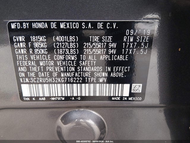 Aukcja sprzedaży 2019 Honda Hr-v Lx, vin: 3CZRU5H32KG716222, numer aukcji: 45305792