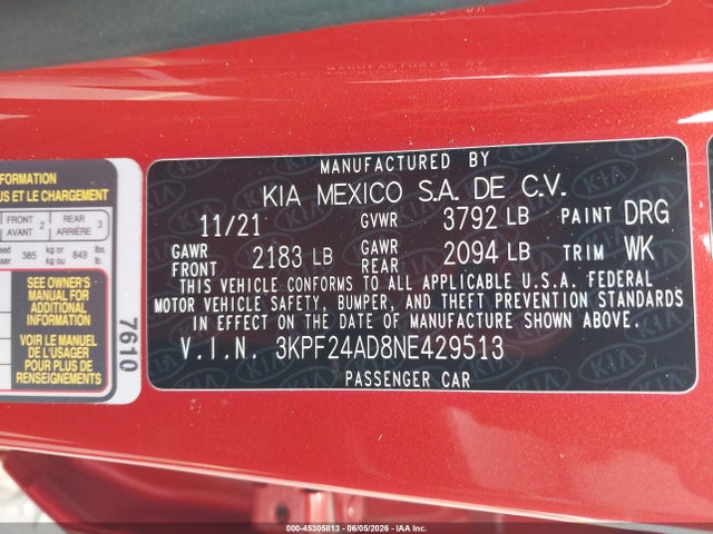 Aukcja sprzedaży 2022 Kia Forte Lxs, vin: 3KPF24AD8NE429513, numer aukcji: 45305813